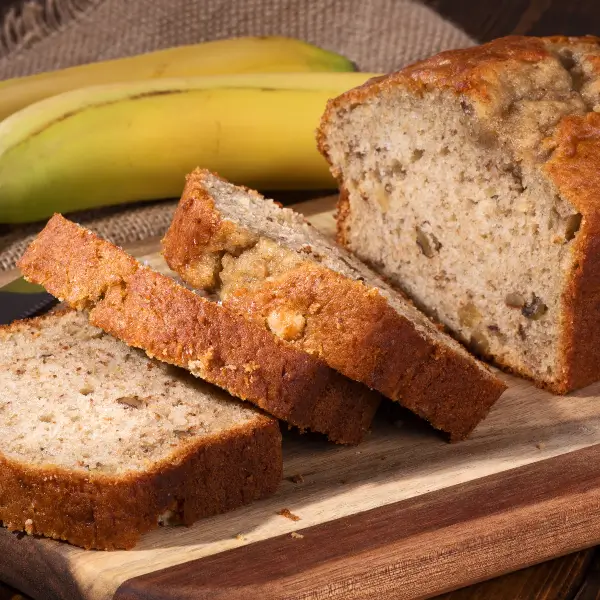Banana Bread made with Ginger Evans flour, brown sugar, chocolate chips and baking soda