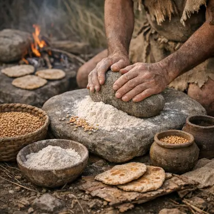 A person with rough hands using a heavy stone to grind grain into flour outdoors, with flatbreads resting near a small fire in the background