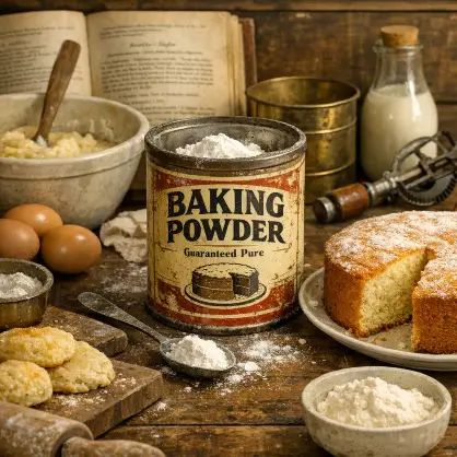 A rustic baking setup featuring a vintage "Baking Powder" tin surrounded by a baked cake, biscuits, fresh eggs, and bowls of flour