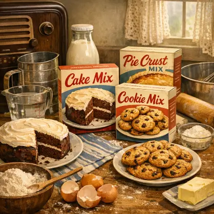 Vintage-style boxes of Cake Mix, Pie Crust Mix, and Cookie Mix displayed on a wooden counter alongside a freshly sliced chocolate cake, cookies, and baking ingredients