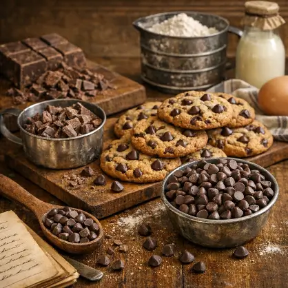 A wooden table covered with bowls of chocolate chips, chunks of chocolate, and a large pile of freshly baked chocolate chip cookies