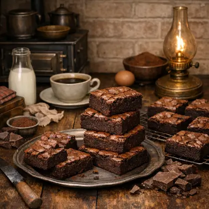 A stack of thick, fudgy chocolate brownies arranged on a metal platter in a rustic kitchen setting, illuminated by a glowing oil lamp