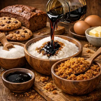 Thick, dark liquid molasses being poured from a jar into a wooden bowl of white sugar, next to a bowl of brown sugar, cookies, and bread