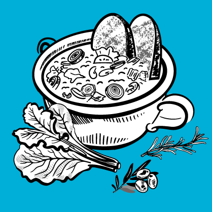 A black-and-white illustration of a bowl of hearty soup with bread slices, surrounded by drawn herbs, set against a solid bright blue background