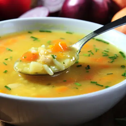 A close-up of a white bowl filled with a yellow broth soup containing rice, diced carrots, and fresh herbs, with a spoon lifting a portion