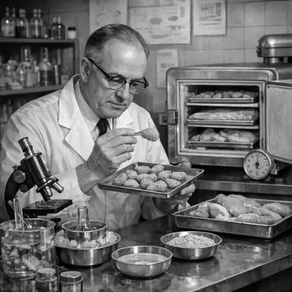 A black and white photograph of a man in a lab coat inspecting a tray of chicken nuggets in a laboratory or test kitchen setting