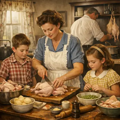 A family in a vintage-style kitchen preparing a meal together, with a woman cutting a raw whole chicken while two children watch and help prepare vegetables