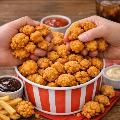 Two hands grabbing handfuls of small, crispy popcorn chicken pieces out of a large red and white striped bucket
