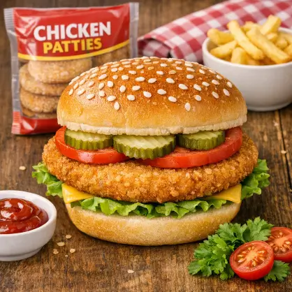 A tall chicken patty sandwich assembled with lettuce, tomato, cheese, and pickles on a sesame seed bun, sitting next to a bag of frozen "Chicken Patties.