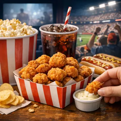 A classic stadium food spread featuring a paper tray of popcorn chicken being dipped in sauce, alongside a hot dog, popcorn, and a soda, with a blurred sports arena in the background