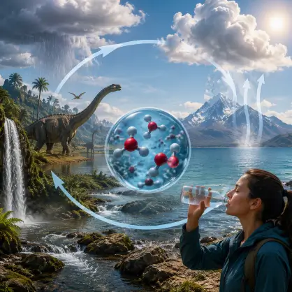 A composite image showing a woman drinking water in the foreground, a dinosaur by a waterfall in the background, and overlaid water cycle arrows with a magnified water molecule
