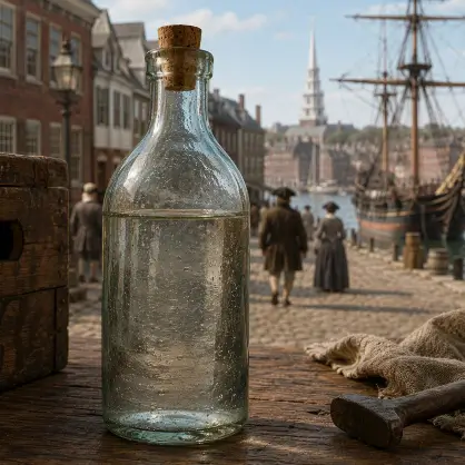 A vintage corked glass bottle sitting on a wooden surface with a historical 18th-century town, pedestrians, and a harbor in the background