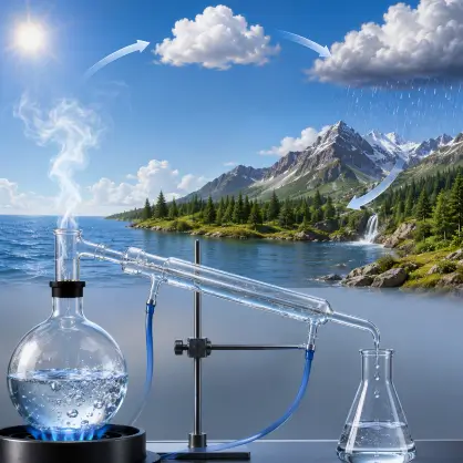 A laboratory distillation apparatus featuring boiling water and a condenser, set up against a backdrop of a lake, mountains, and water cycle arrows