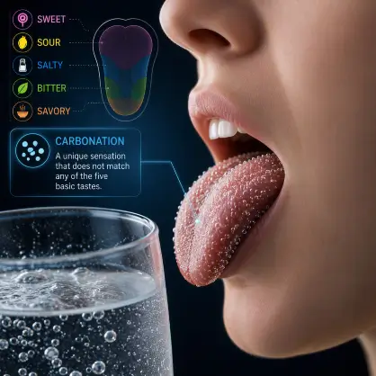 Close-up profile of a person's tongue near a glass of sparkling water, accompanied by a digital graphic overlay mapping taste zones and noting carbonation's unique sensation