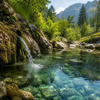 A clear, natural spring flowing over rocks into a pristine pool surrounded by a vibrant green forest and mountains