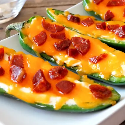 Halved green jalapeño peppers stuffed with white cream cheese, topped with melted cheddar cheese, and sprinkled with reddish bacon bits