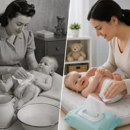 A split-screen image showing a vintage black-and-white photo of a mother cleaning a baby with a cloth and a bowl of water on the left, and a modern color photo of a mother using a disposable baby wipe on the right