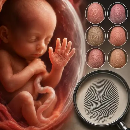 An illustration of a developing fetus in the womb alongside a magnifying glass focusing on a human fingerprint and a grid showing different fingerprint patterns