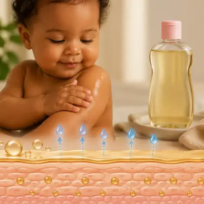 A smiling baby next to a clear bottle of baby oil, featuring a graphical overlay of skin layers that demonstrates how the oil forms a barrier to trap moisture inside the skin