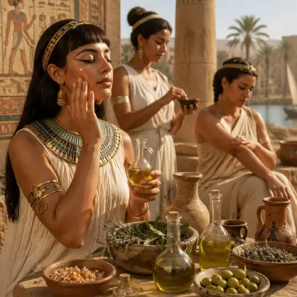 A scene depicting ancient Egyptian women, with one applying oil to another's face, surrounded by clay jars, glass bottles of oil, and bowls of olives