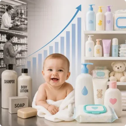 A happy baby sitting on a towel surrounded by modern, brightly packaged baby care products, with a large blue upward arrow and a background showing vintage, plain-packaged adult soaps and lotions