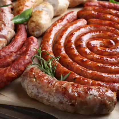 An assortment of thick cooked sausages presented on a wooden cutting board with fresh sprigs of herbs