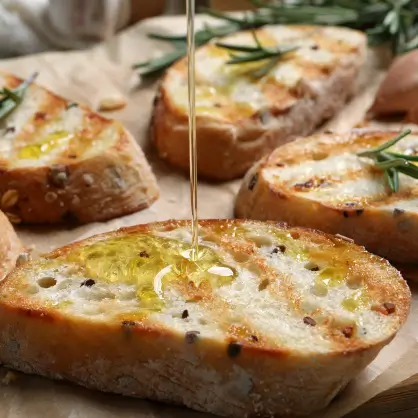 A stream of golden olive oil being drizzled over slices of toasted bread garnished with fresh rosemary