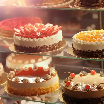 A brightly lit glass display case filled with a variety of rich desserts, including a strawberry-topped cake and a fruit tart