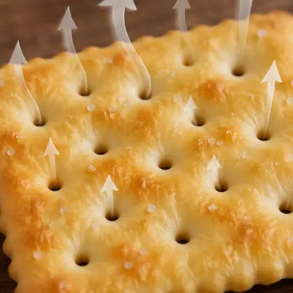 A close-up of a cracker with stylized, translucent arrows pointing upward from its holes to illustrate steam or air escaping