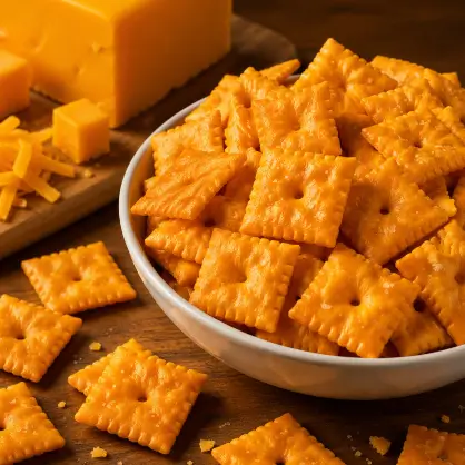 A white bowl overflowing with square, orange cheese crackers, situated next to a block of cheddar cheese