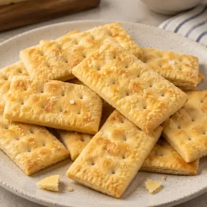 A stack of rectangular, golden-brown club-style crackers resting on a light-colored plate
