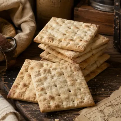 A rustic setting featuring thick, square crackers stacked on a wooden board, accompanied by a burlap sack and vintage wooden crates