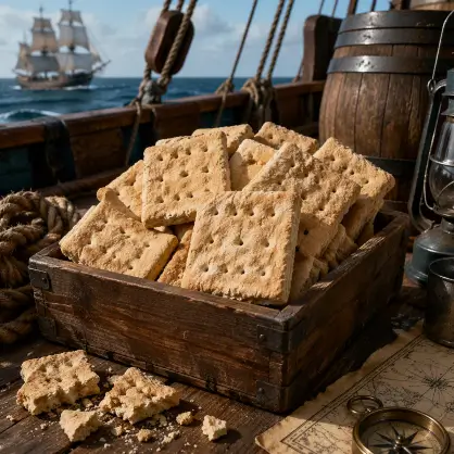 A wooden crate filled with thick, dry ship biscuits sitting on the wooden deck of a sailing ship, with the ocean in the background