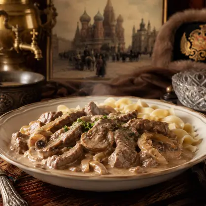 A dish of creamy beef stroganoff served over noodles, set against a backdrop featuring a traditional samovar and historic Russian architecture