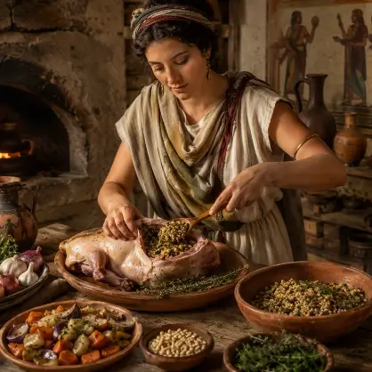 A cook in ancient clothing carefully stuffing a large roasted bird with a mixture of grains and herbs in a rustic, stone kitchen setting