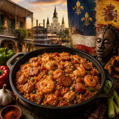 A large cast-iron pan filled with jambalaya, shrimp, and sausage, surrounded by a collage of New Orleans imagery including a steamboat, flags, and historic architecture