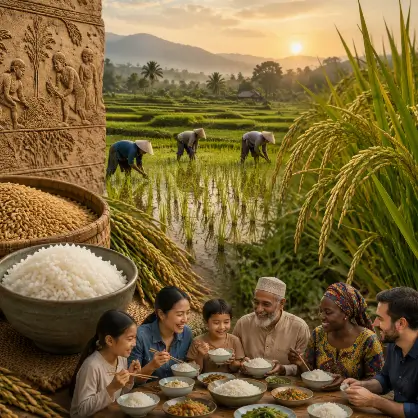 A diverse family sitting outdoors happily eating bowls of rice, set against a backdrop of farmers harvesting crops in a lush green rice paddy