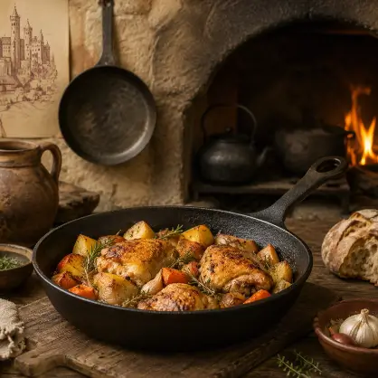 A cast-iron skillet filled with pieces of roasted chicken and root vegetables sitting in front of a rustic, lit fireplace