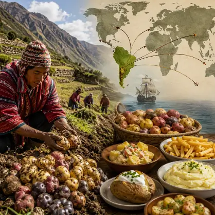 A person in traditional Andean clothing harvesting colorful potatoes in a mountainous region, surrounded by bowls of prepared potato dishes and a vintage world map showing trade routes